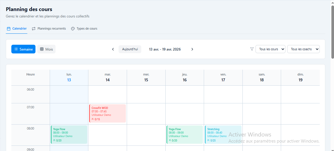 Planning des cours